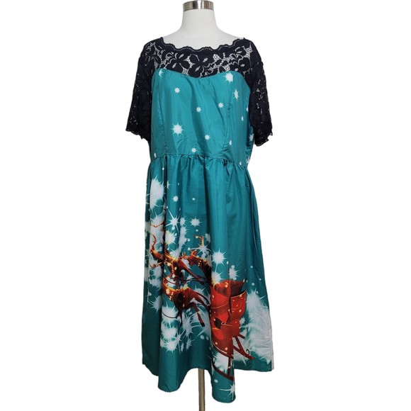 Dresses & Skirts - Women's Christmas Party Dress Ladies Vintage Xmas Swing Lace Dress Green Size 18